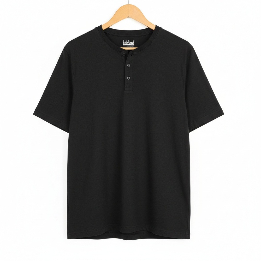 Vintage Basic Editions Henley Shirt Men's XL Black Short Sleeve Cotton Jersey